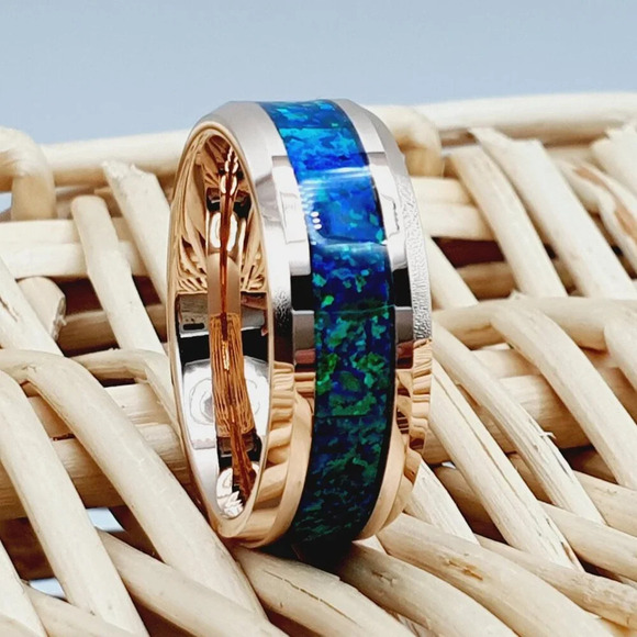 "Opal Inlay Rose Gold Tungsten Wedding Band for Men Women, GALTUN881